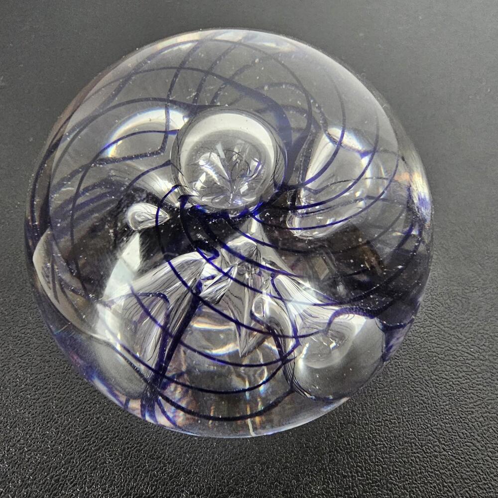 Art Glass Paperweight Blue Swirl And Bubbles Signed